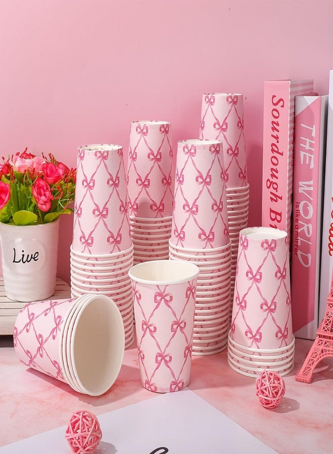 JarThenaAMCS أكواب ورقية من JarThenaAMCS، 100 قطعة، مزينة بفيونكة وردية، أكواب لطيفة للاستخدام مرة واحدة، سعة 9 أونصات، مثالية للحفلات وأعياد الميلاد وحفلات استقبال المولود الجديد وحفلات توديع العزوبية وحفلات الزفاف. - Image 4